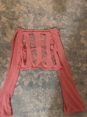 Ribbed Distressed Crop Long-Sleeve Top - Pink